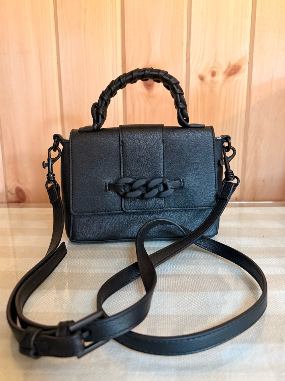 BCBGeneration Black Mini Flap Crossbody Bag | Braided Top Handle